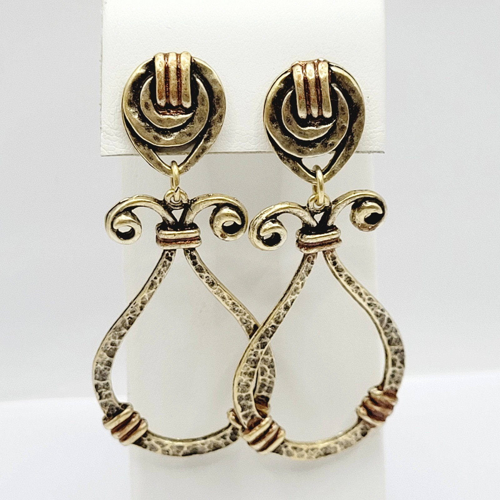 Modern Geometric Loop Hammered Look Ornate Stud Mix Metal Tone Pierced Earrings