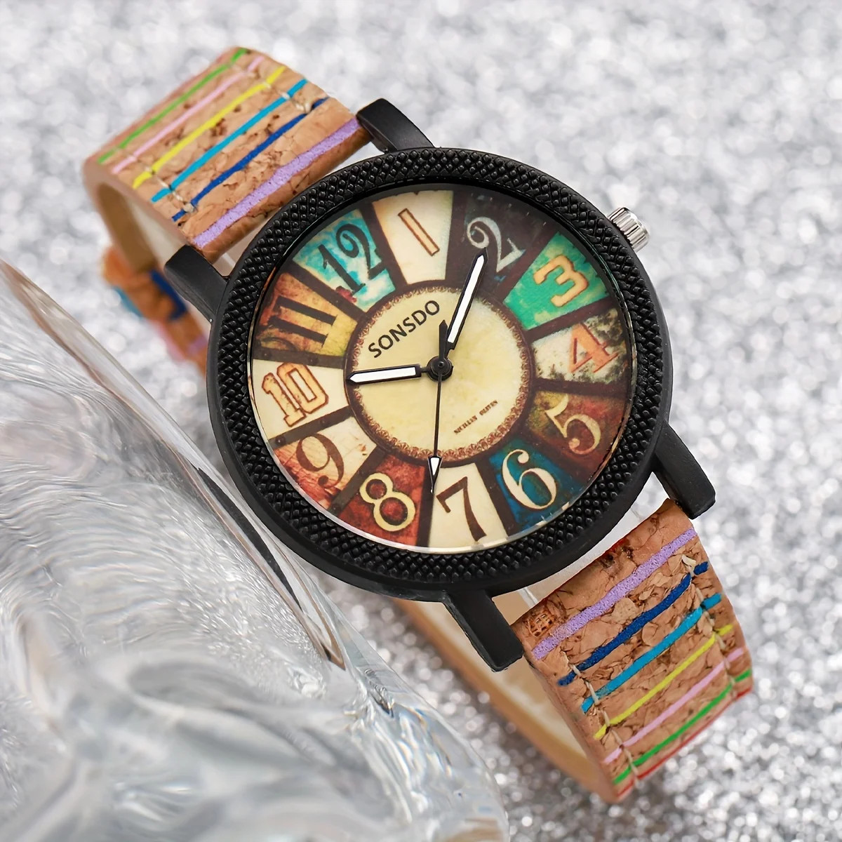 Vintage Wood Grain Women’s Watch Color Block Fashion Analog PU Leather