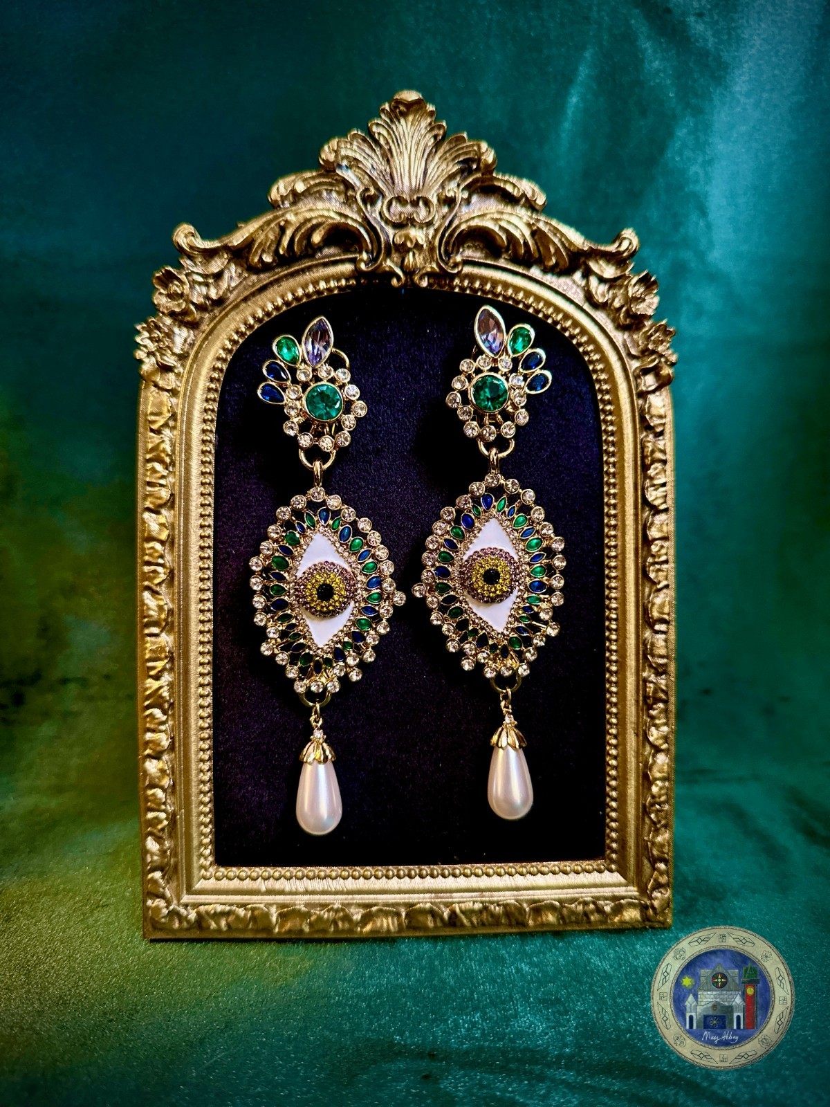Mystic Eye Earrings Rhinestone Crystal Pearl Drop Gold Tone 925 Silver Posts