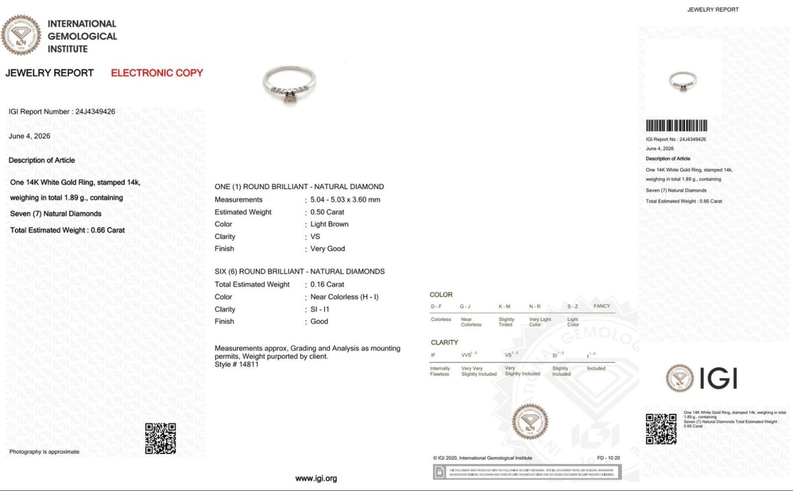 IGI Certified 0.66 CTW Natural Diamond Ring – 14K White Gold Engagement Ring