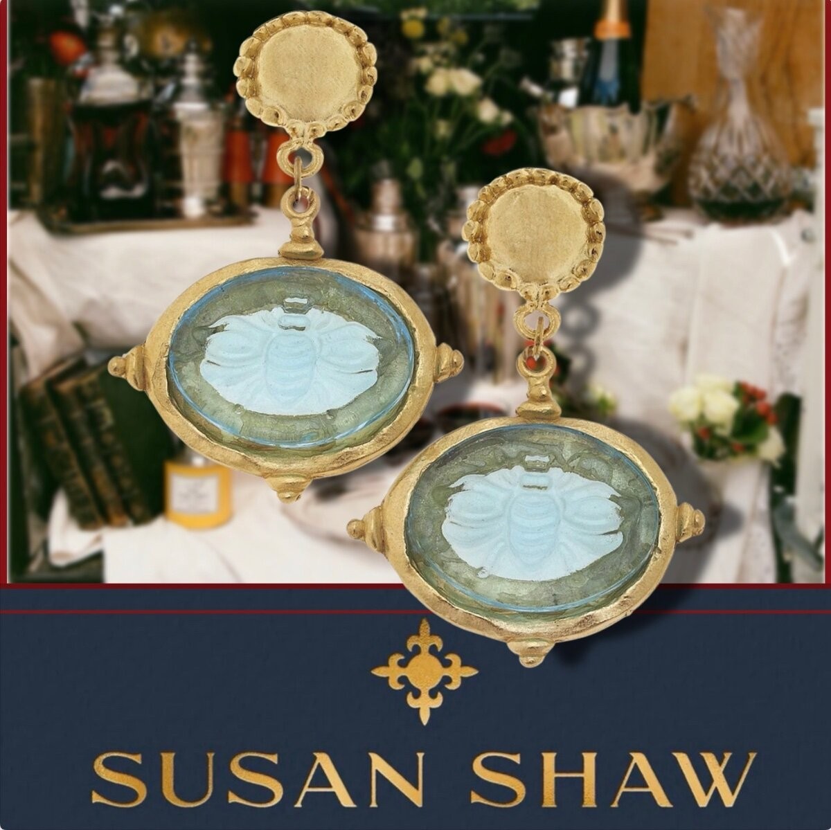 Susan Shaw Earrings Venetian Glass Intaglio Bee Cab 24K TPG Jewelry Gift