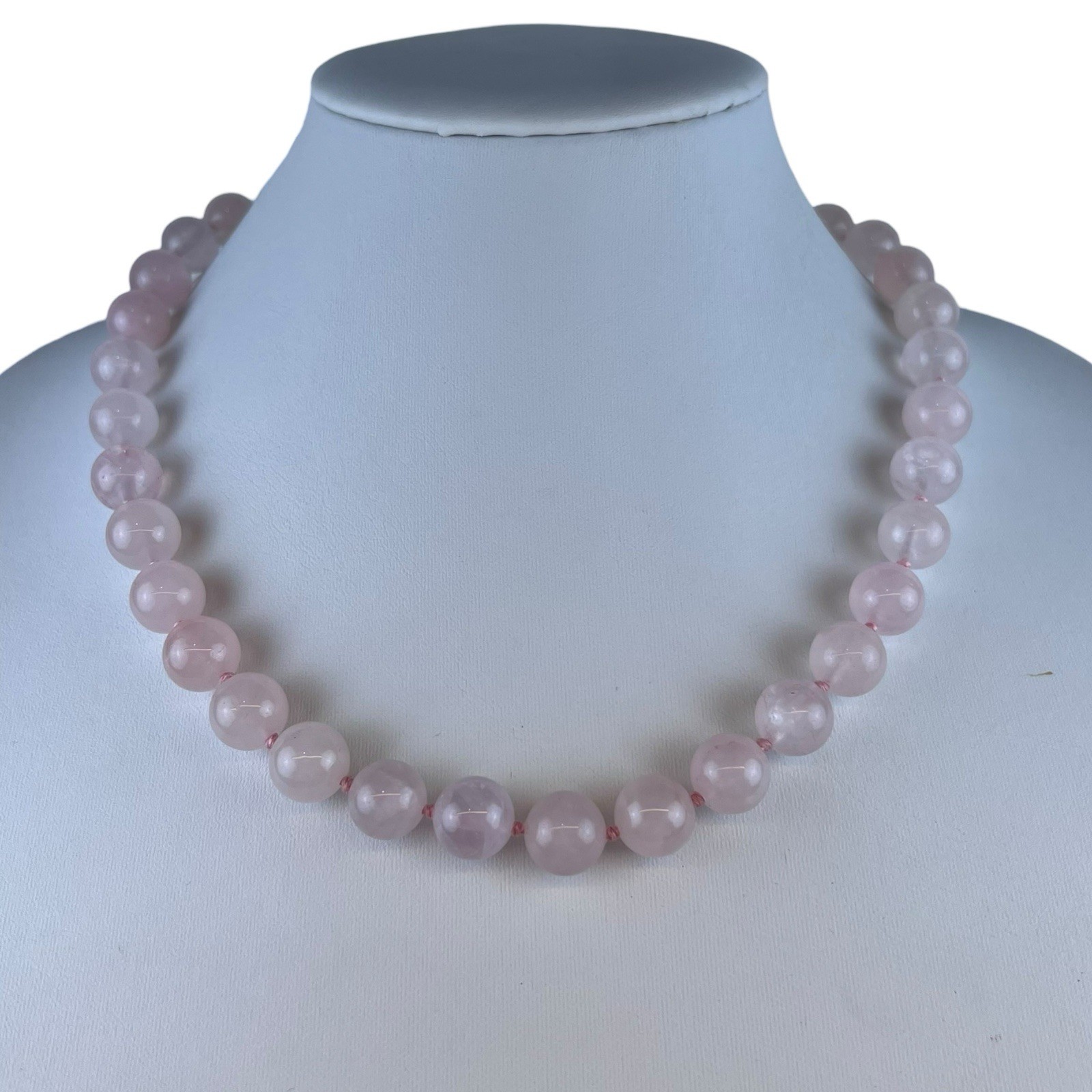 Rose Quartz 12.3mm Beaded Sterling Silver Clasp Necklace 2.25″