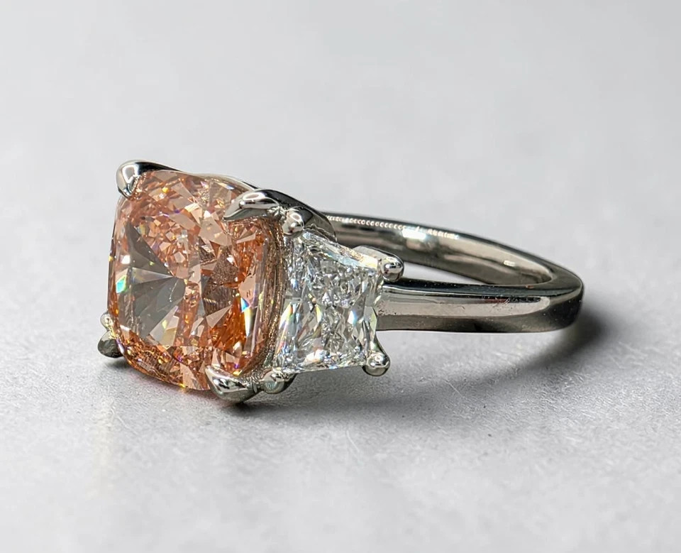 5.04 Ct Lab Grown Vivid Pink Diamond Ring Cushion Cut 3 Stone Ring White Gold