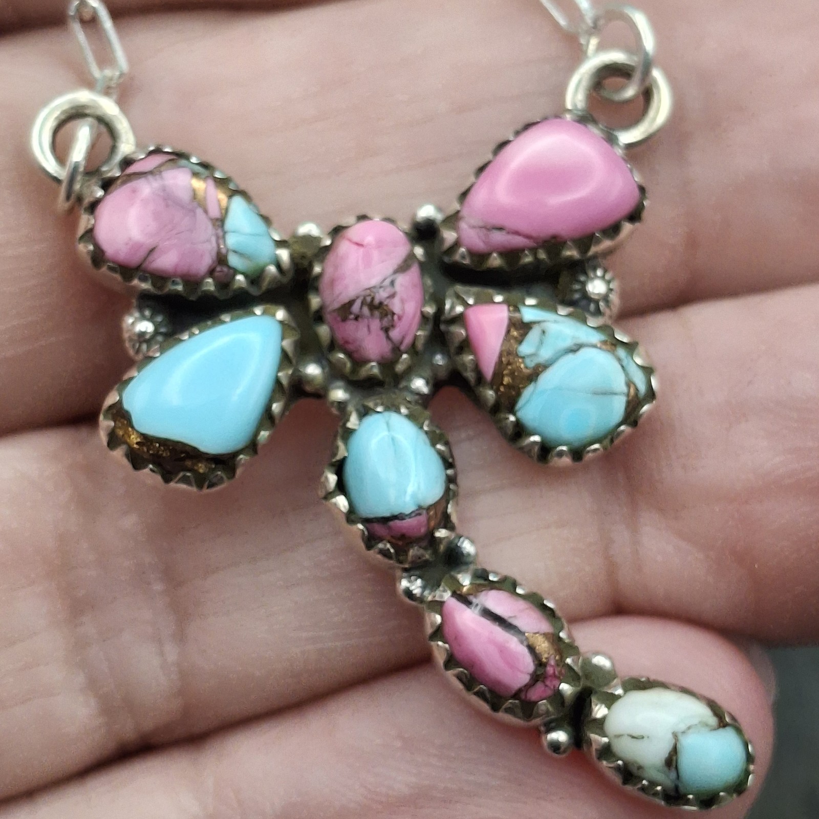Cotton Candy Turquoise Dragonfly Sterling Silver Necklace 17-19in Southwestern