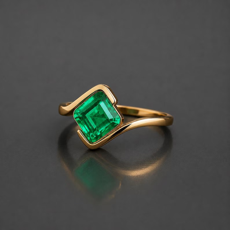 Lab Created Green Emerald Ring, Base Metal: Brass Finish: Gold Plated