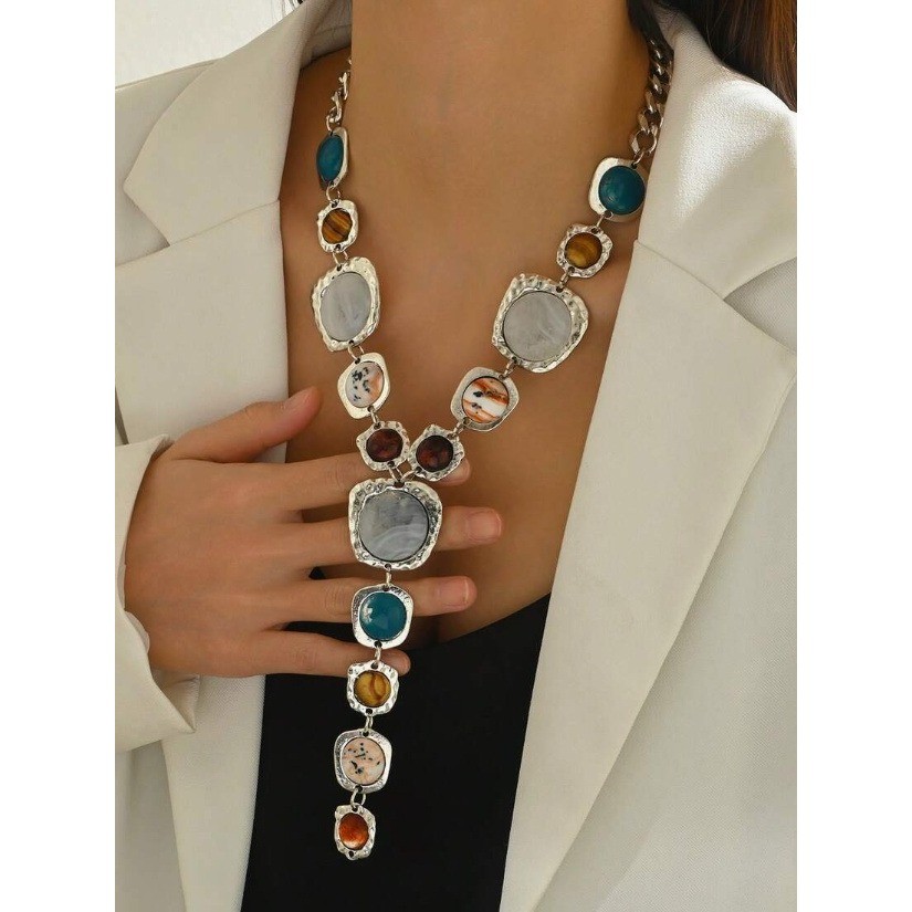 Boho Silver Tone Multi Color Faux Stone Y-Drop Statement Necklace Hammered Metal