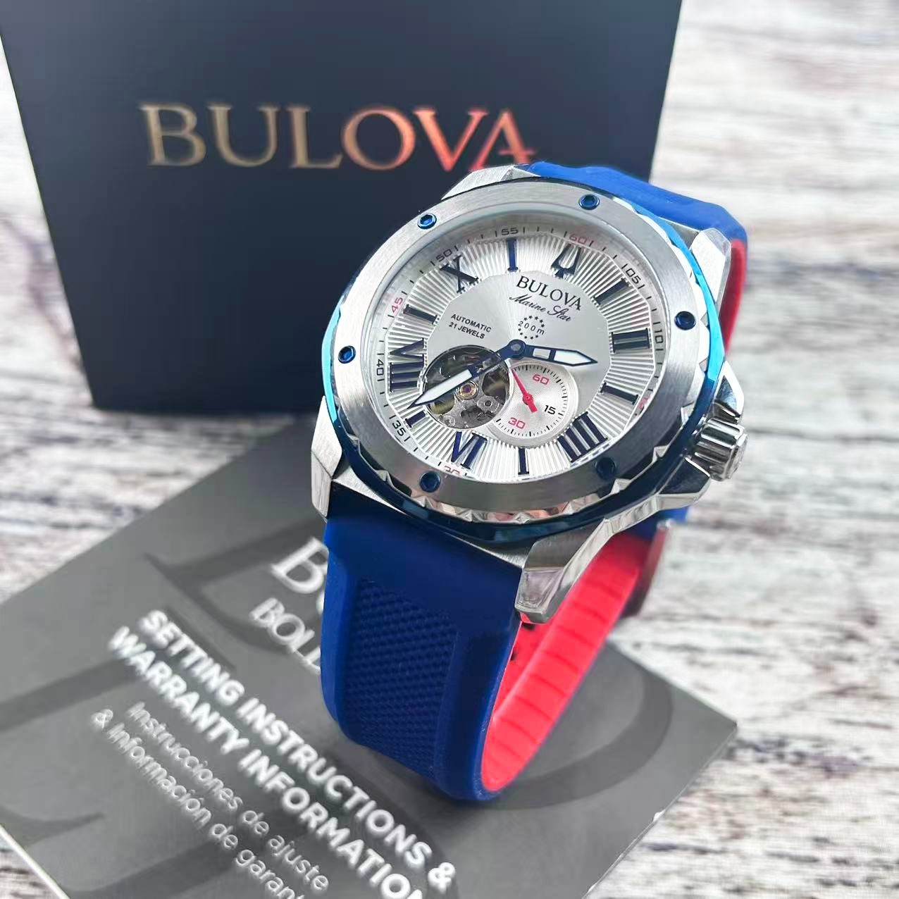 New Bulova Marine Star 98A225 Men’s Automatic Watch White Dial Blue Rubber Strap