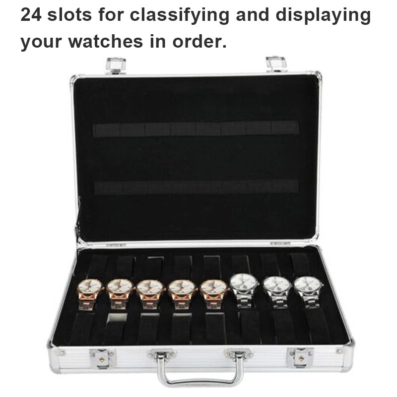 Aluminum Watch Case 24 Grids Briefcase Storage Box Watches Collectors Display