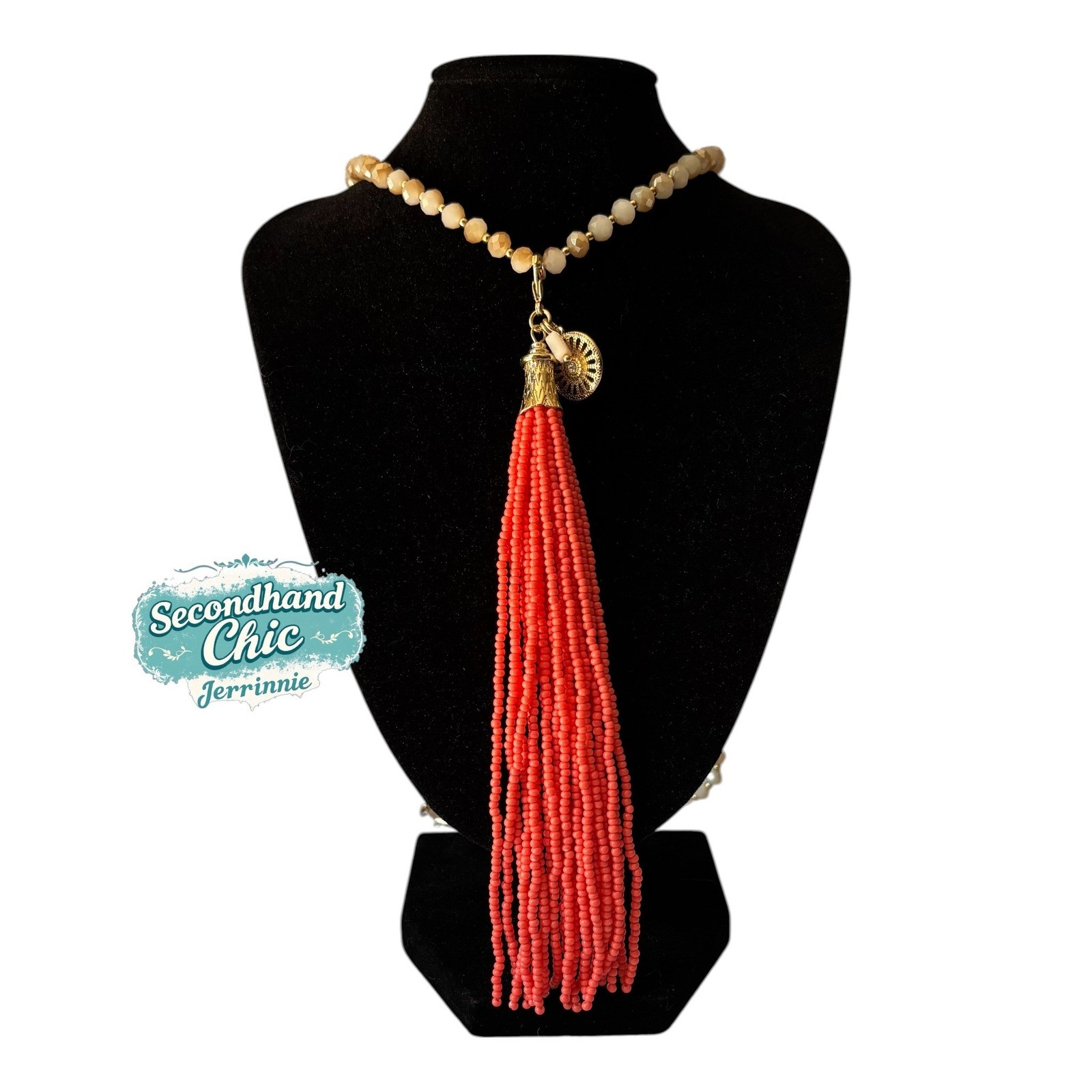 Boho Long Beaded Tassel Necklace Cream Champagne Gold