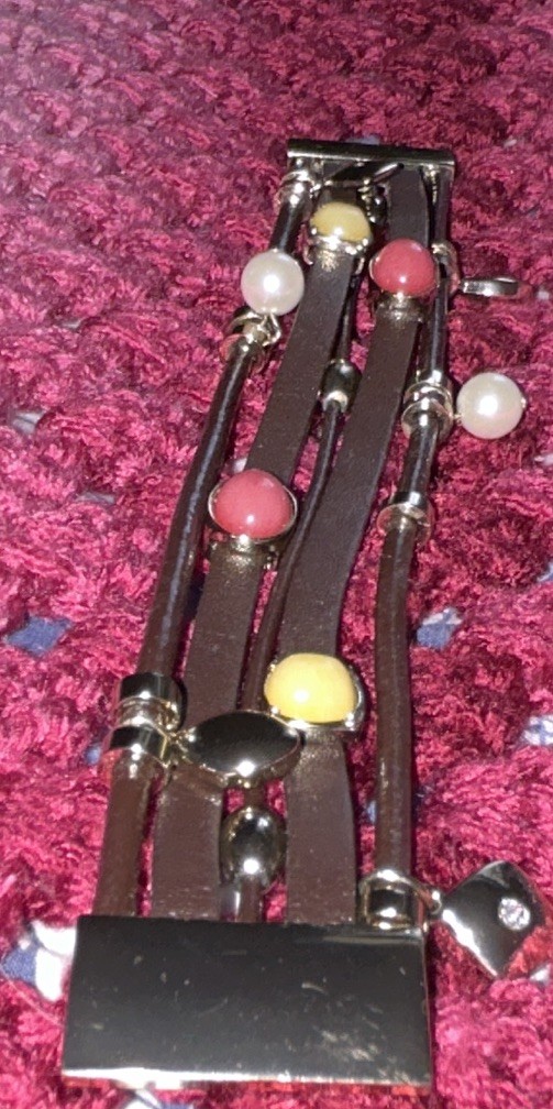 Multi-Strand Leather Cord Glass Bead Charm Bracelet, Brown/Multicolor