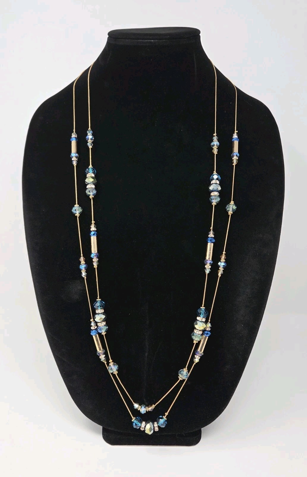 Gold Tone Iridescent Gray & Teal Crystal Long Station Necklace & Earrings Set