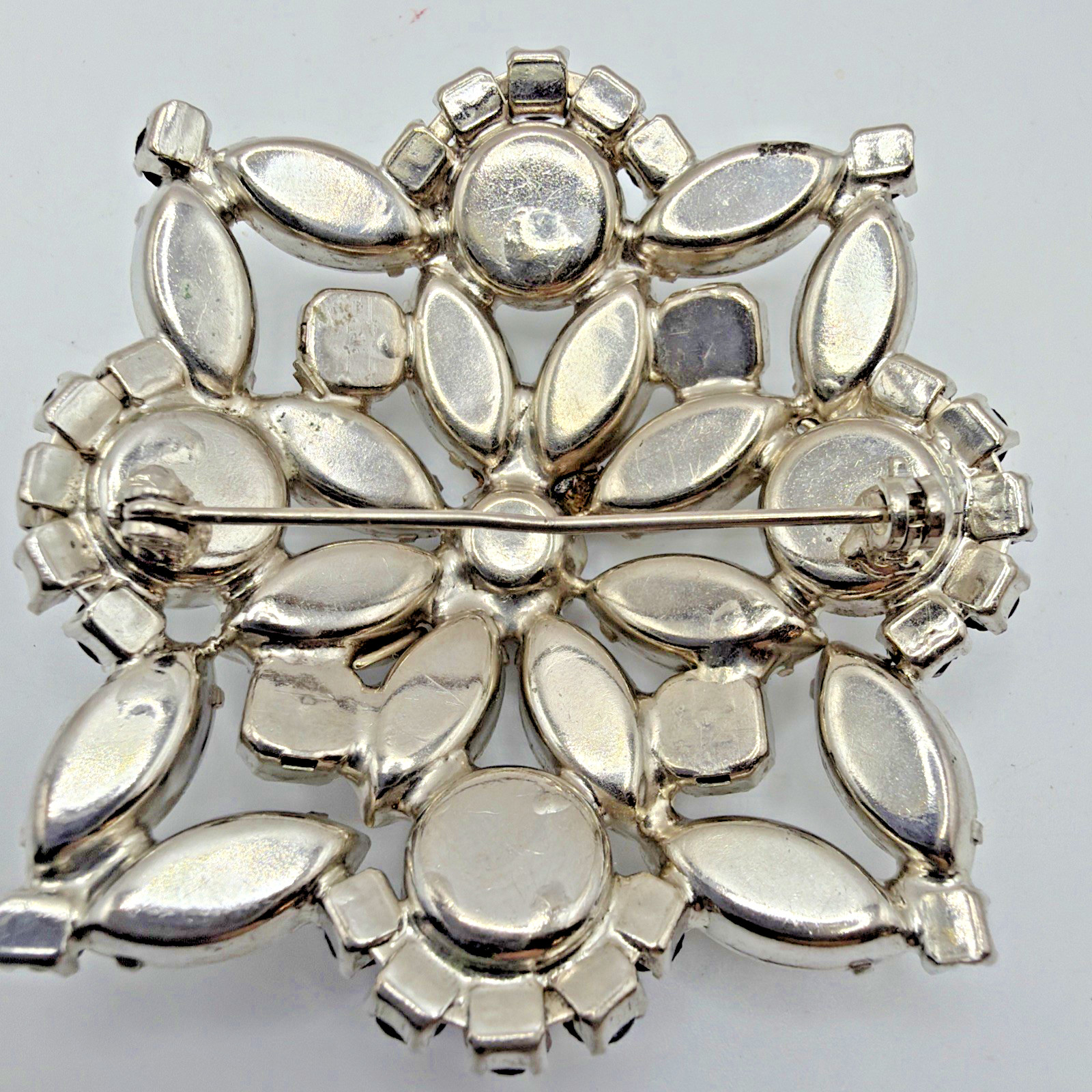 Vintage Brooch Milk Glass & Jet Black Rhinestones Silver Toned