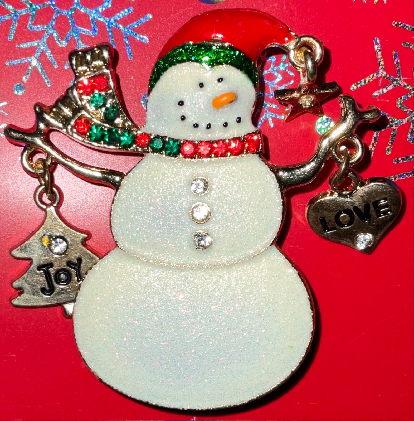 Christmas Holiday Joy & Love Snowman Pin w/ Faux Crystals – NOS