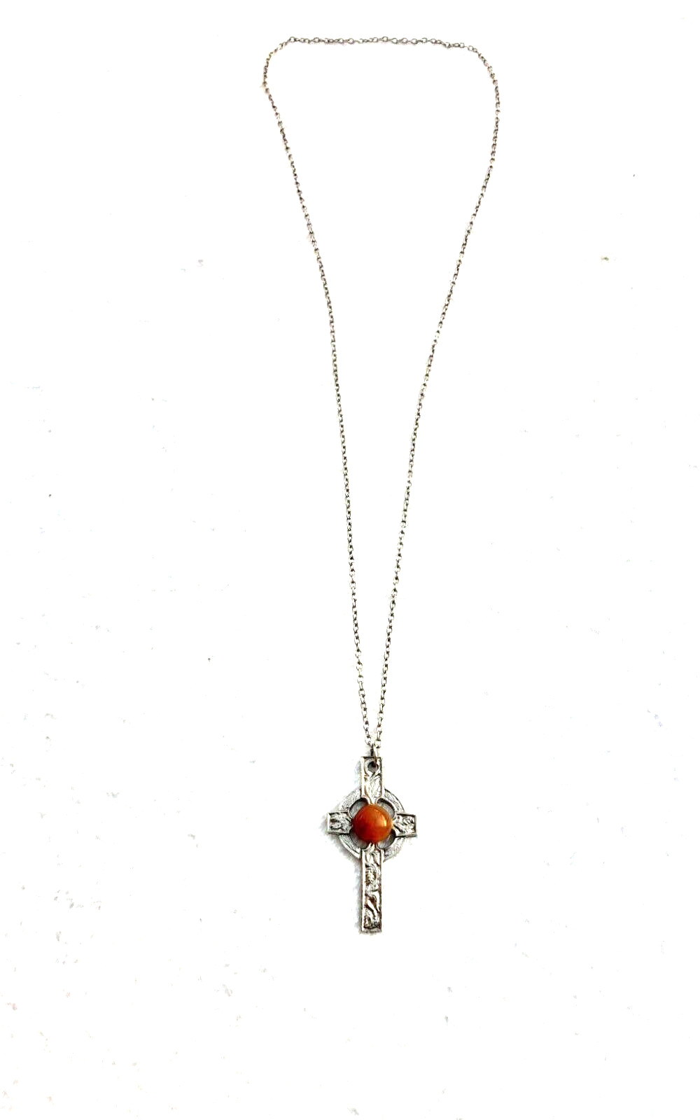 Vintage Pewter Celtic Cross Pendant Necklace Citrine blood orange Glass Stone