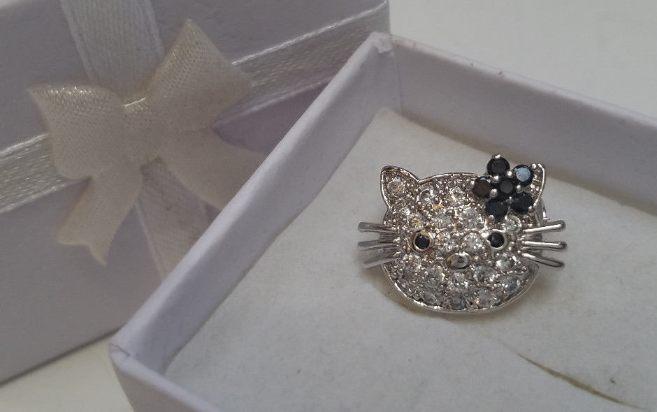 HELLO KITTY 925 GENUINE STERLING SILVER CZ ONYX LADIES DESIGNER BROOCH PIN NEW