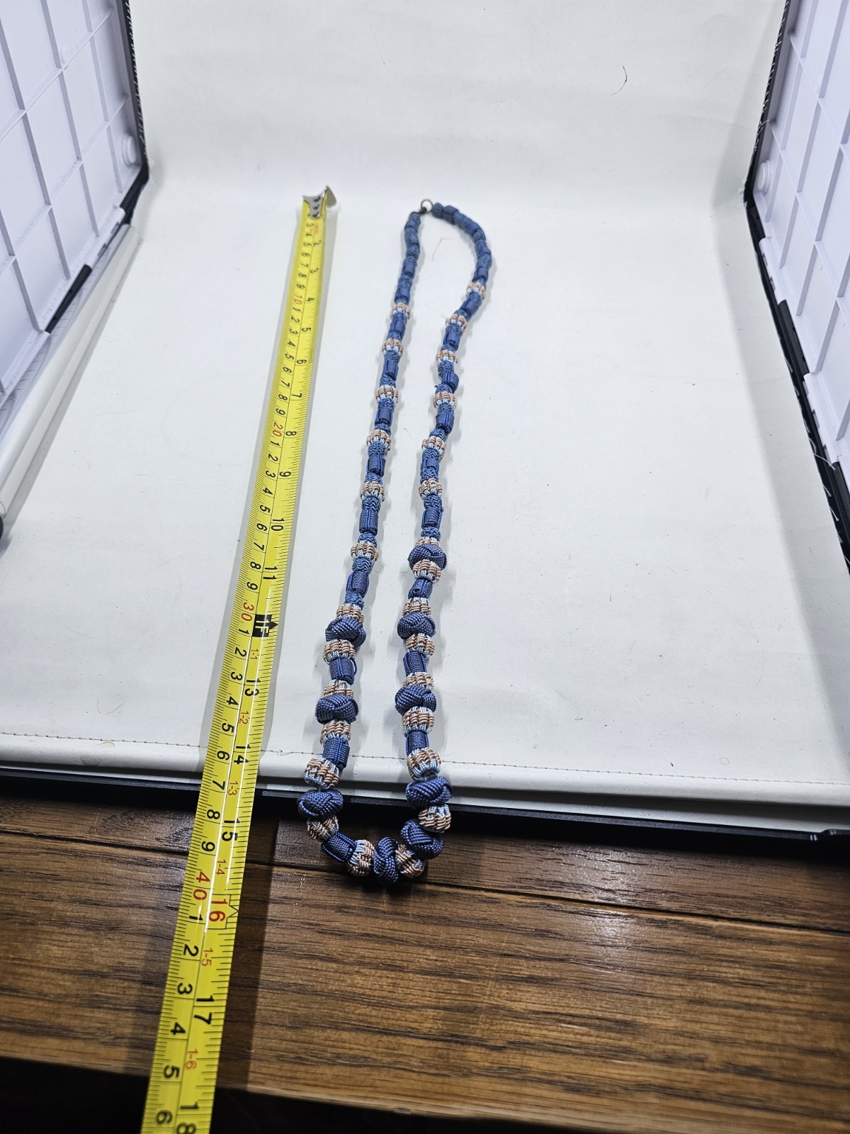 Vintage Blue Tan Woven Cord Knotted Bead Necklace 34in Boho Macrame Style