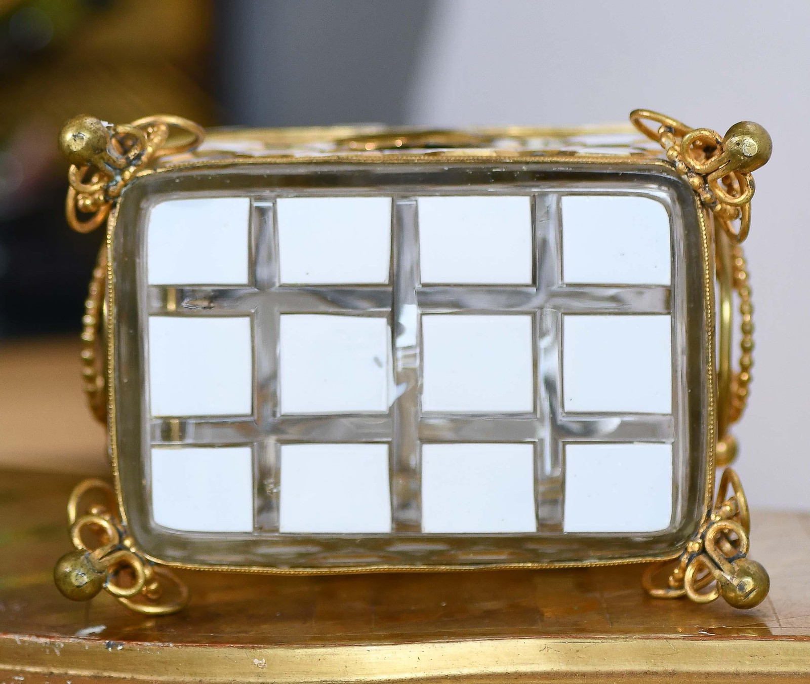 European Glass Box with White Hexagon Design and Bronze Hardware