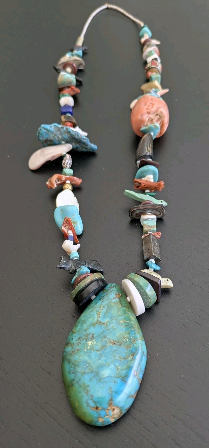 Native American 1970’s Treasure Necklace W/Large Turquoise Pendant & Fetishes