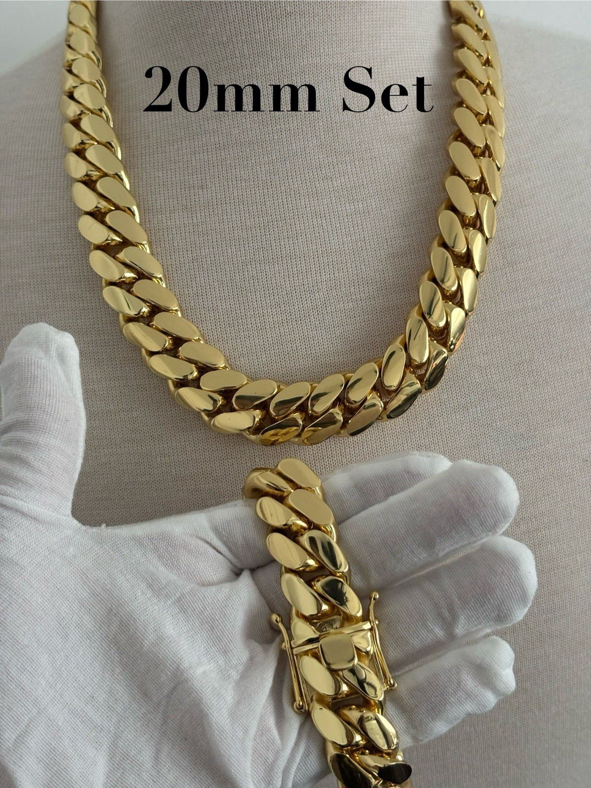Miami Cuban Link Chain And Bracelet Set, 20mm Handmade Real 14k Gold Plated Set