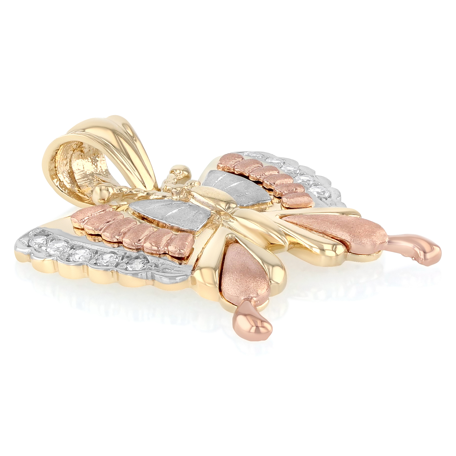 14K Tri Color Gold CZ Butterfly Charm Pendant & 1.2mm Box Chain Necklace