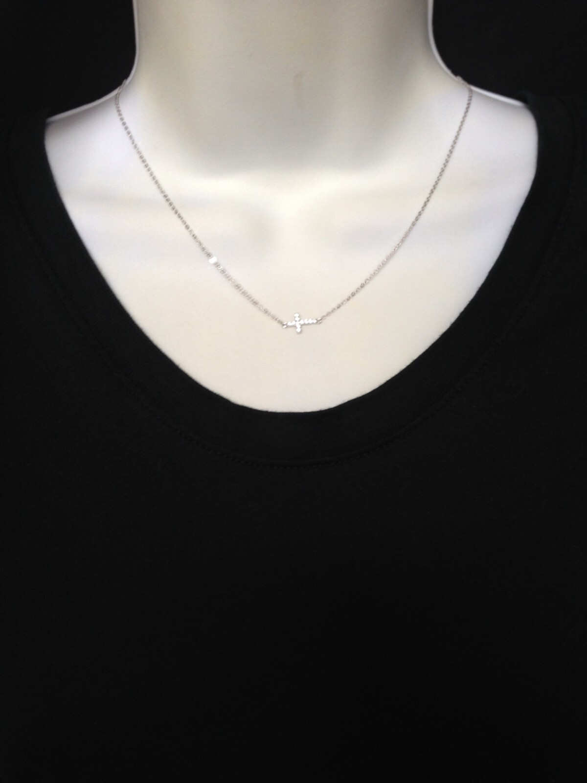 925 Sterling Silver CZ Sideways Cross Pendant Necklace Dainty 9.5mm 17.75″ Women