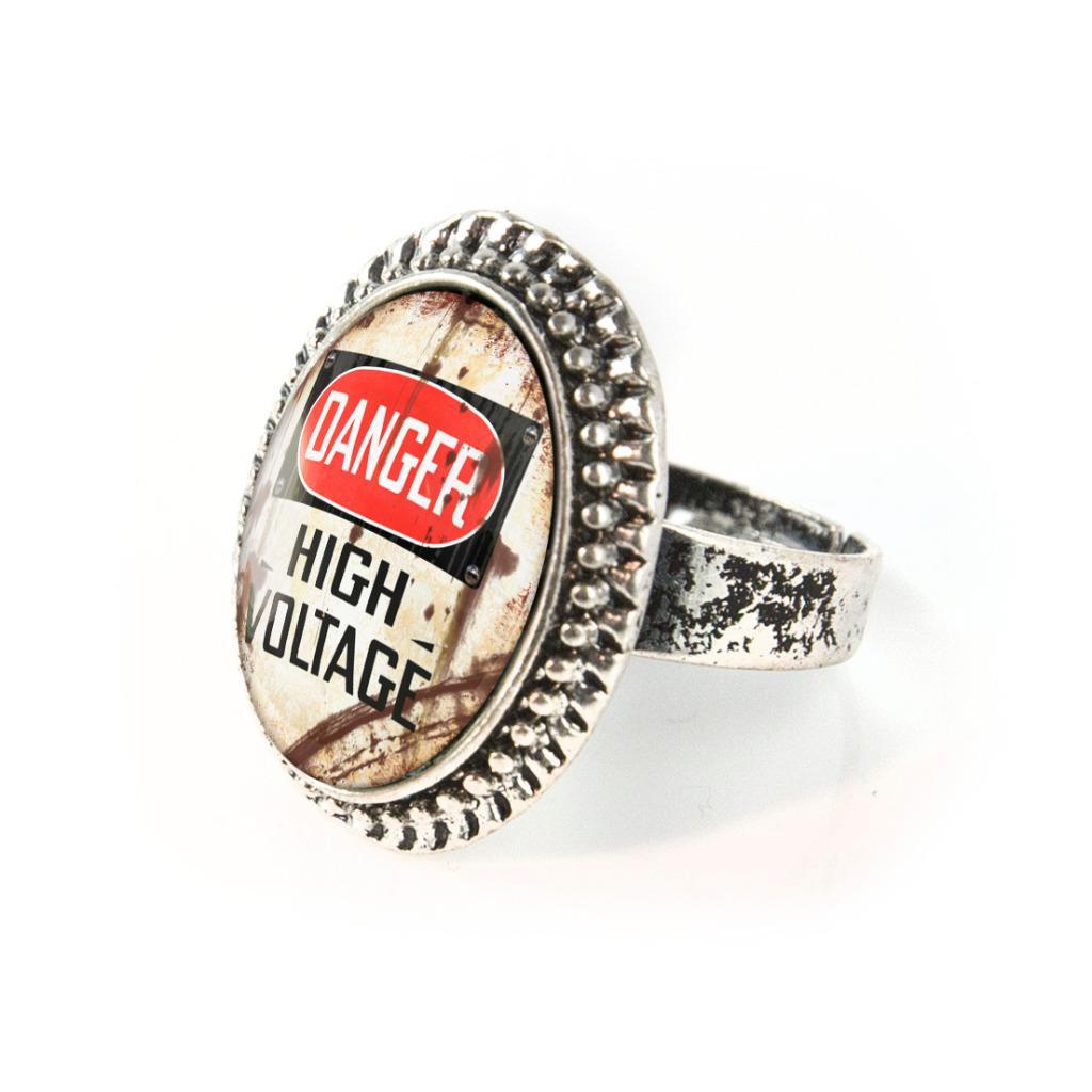 DANGER High Voltage Industrial Metal Warning Sign Antique Silver Glass Ring