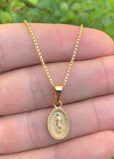 14K Gold Filled Virgen de Guadalupe Necklace Box Link Chain Gifts For Adults