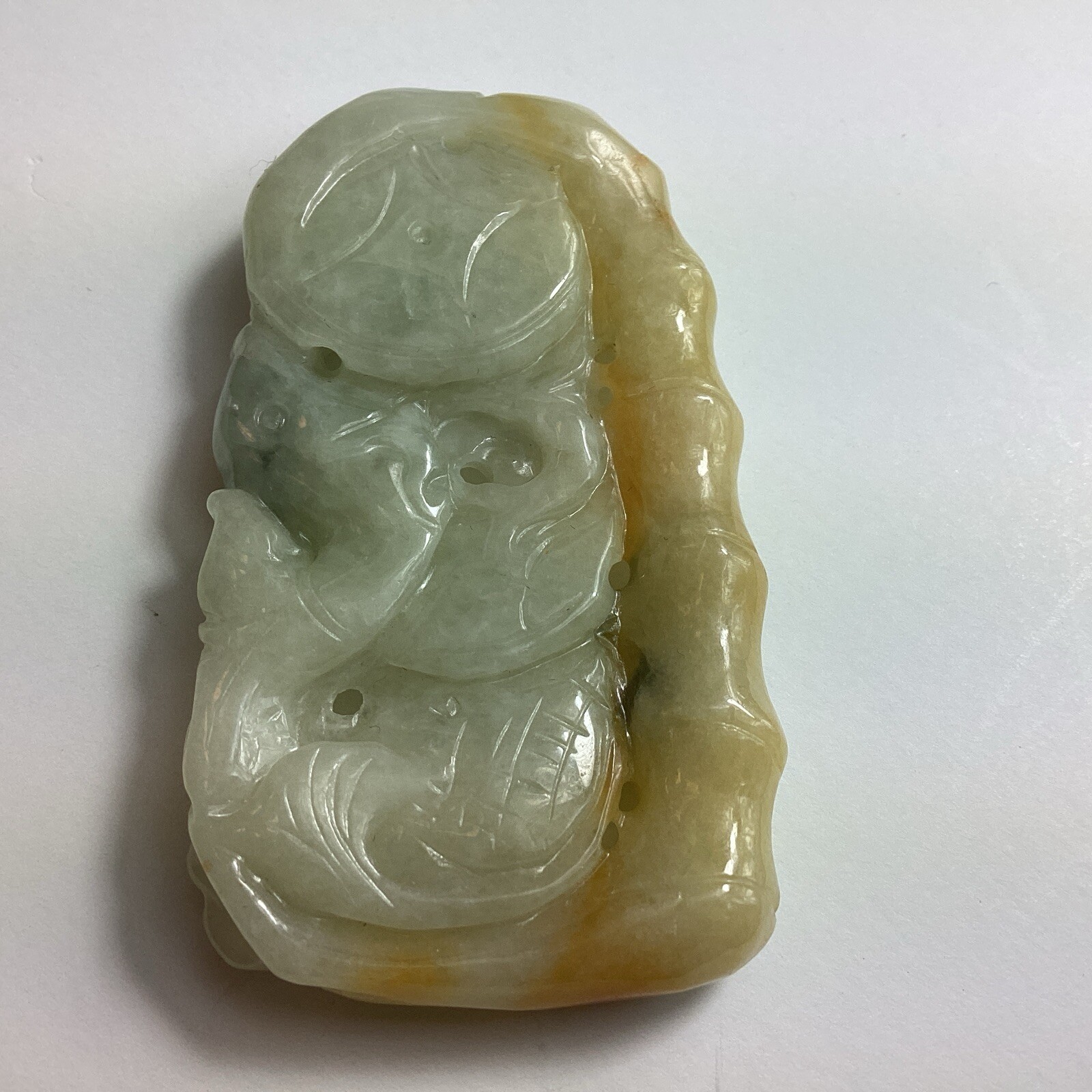 Light Tan Jadeite 2 Fish, Lucky Coin, Bamboo Translucent Pendant