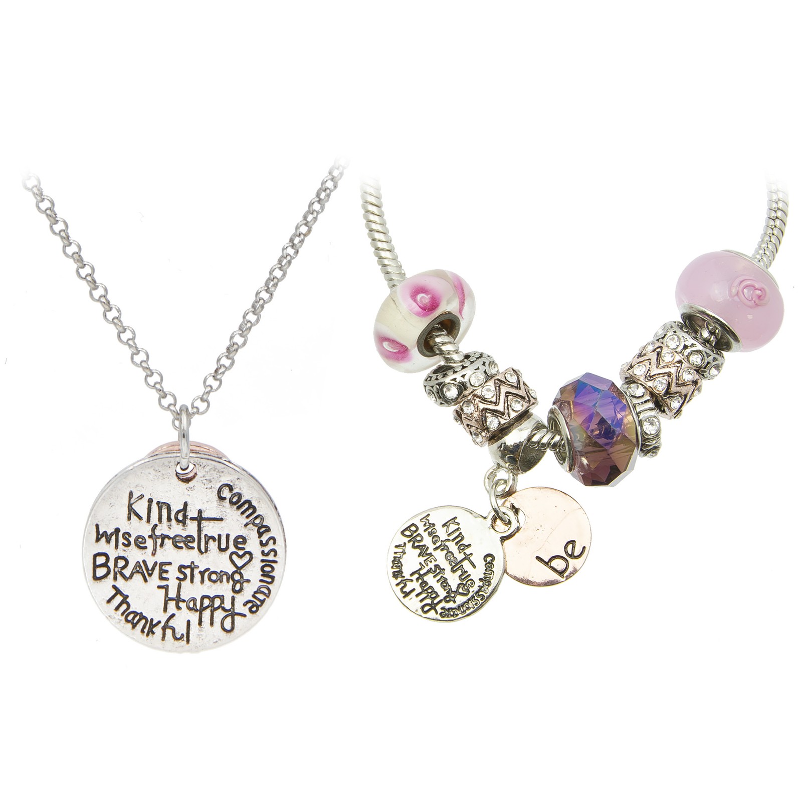 Glam & Glow “Be Kind, Brave, Compassionate” Charm Bracelet and Necklace Set