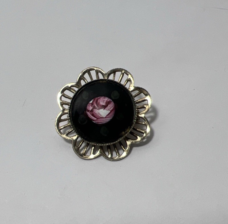 Pink Black Green Guilloche Enamel Painted Flower Gold Tone Metal Brooch Vintage