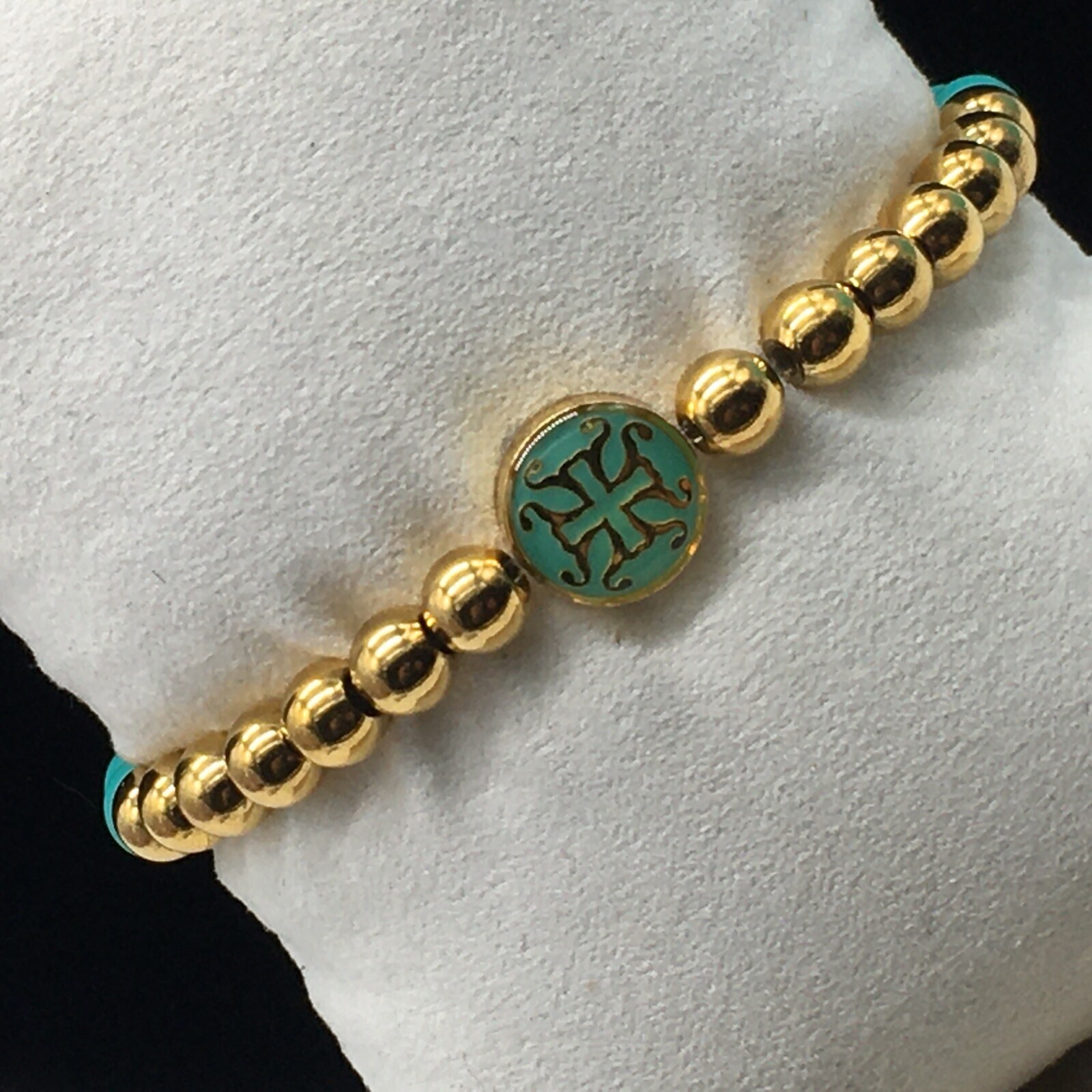 Rustic Cuff Mini Melanie Gold Tone Bracelet Teal Silicone Beaded Charm Logo