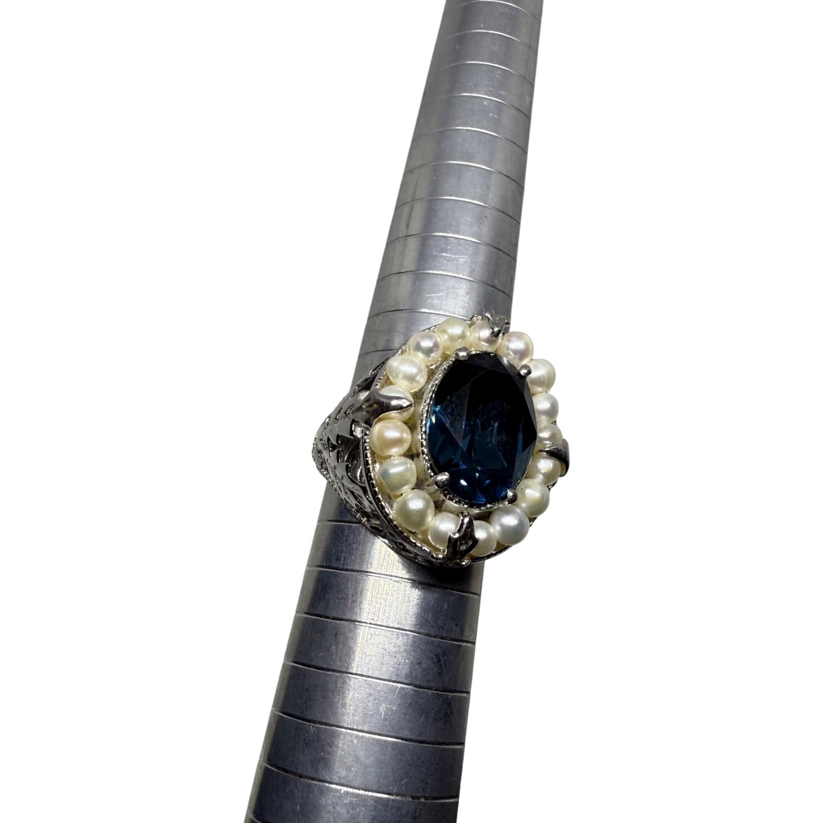 STS Karis Silver Toned Ring Blue Oval simulated gemstone Pearl Accents Intricate