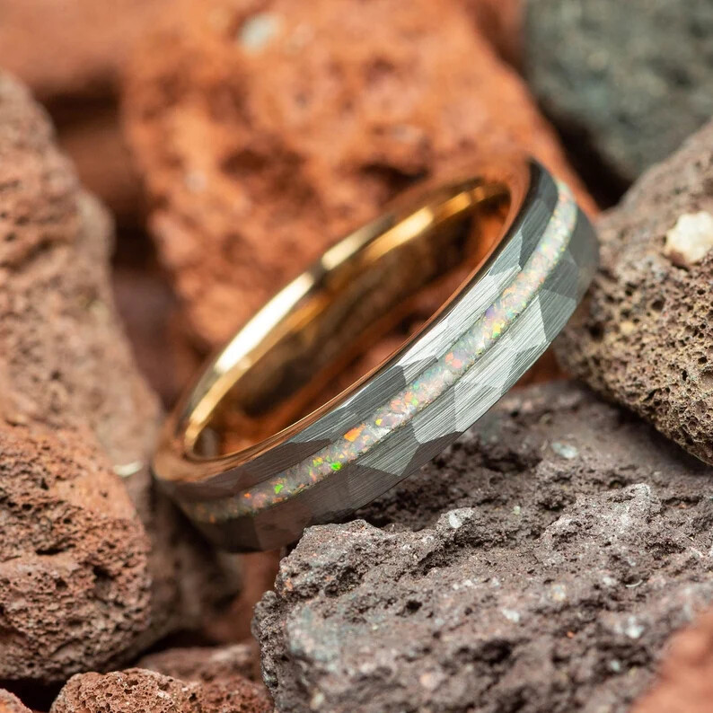 White Fire Opal Rose Gold Hammered Tungsten Womens Wedding Ring 4mm Comfort Fit