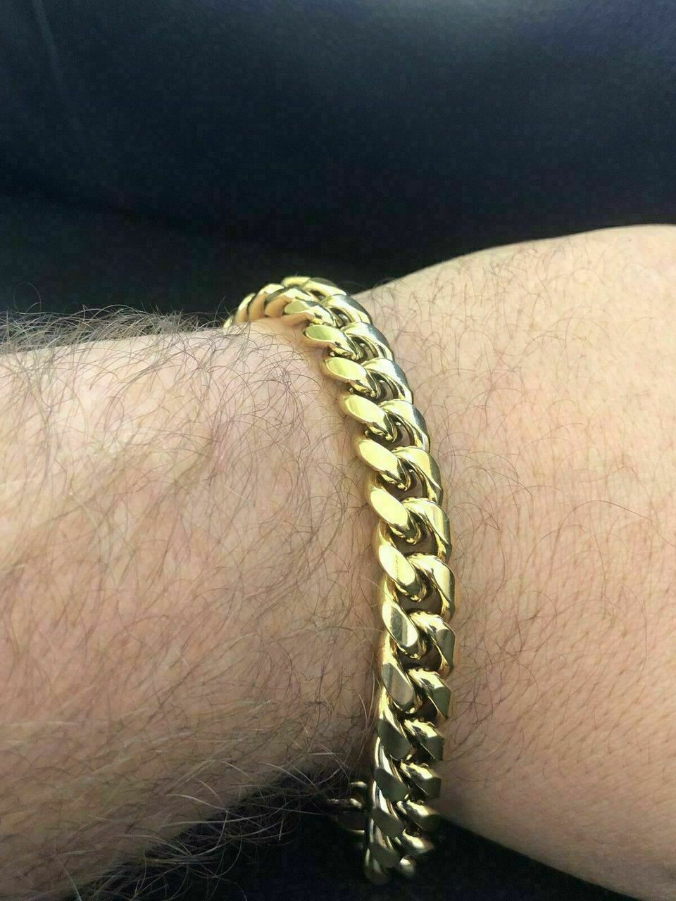 Pulsera y Cadena Cubana Para Hombre 10mm Baño De Oro 14k Sobre Acero Inoxidable
