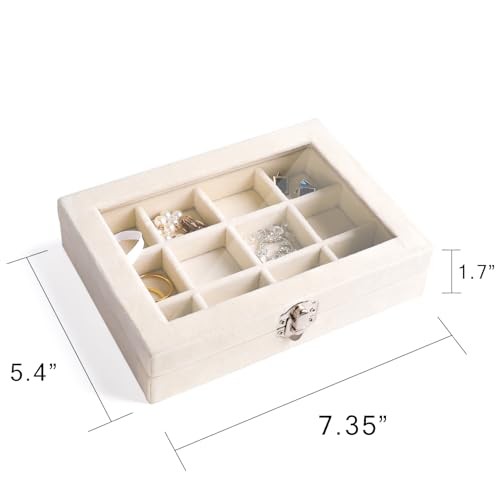 Jewelry Organizer Tray with Clear Lid – Velvet Drawer Insert 12 Grid Beige