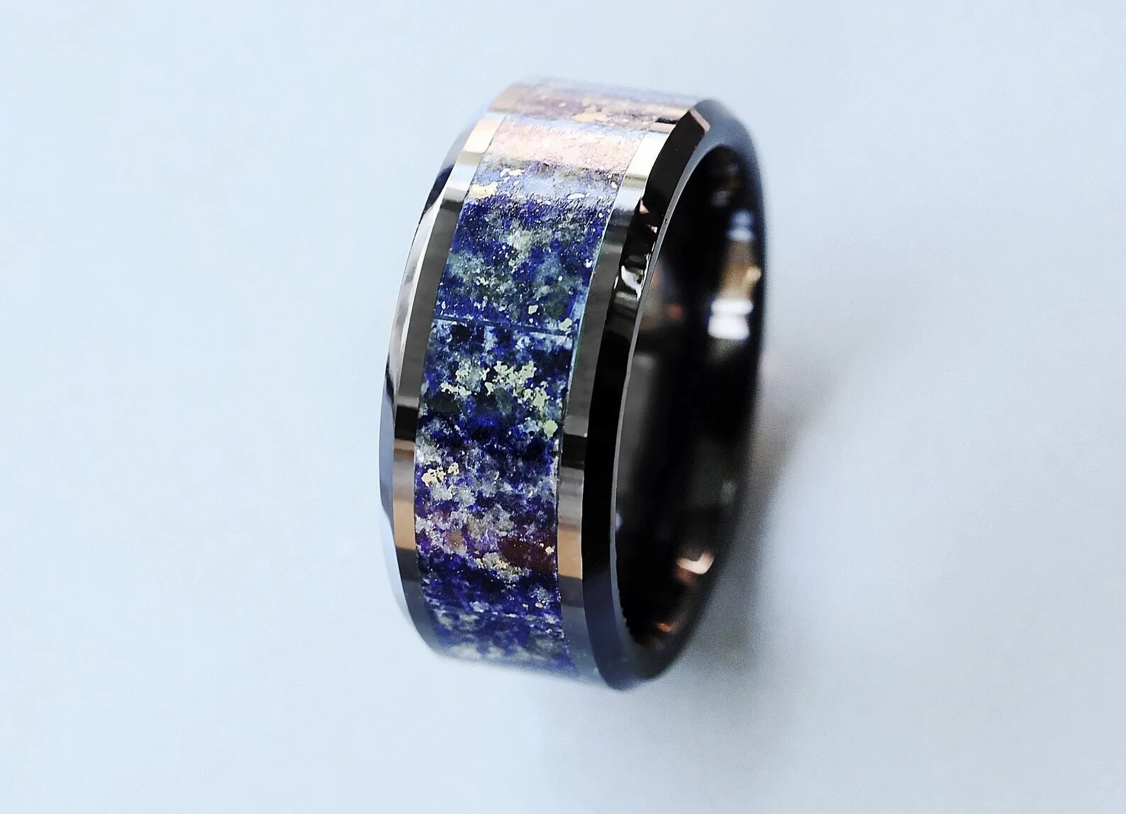 Men’s Polished Black Ceramic Blue Lapis Inlay & Beveled Edges Wedding Ring – 8mm