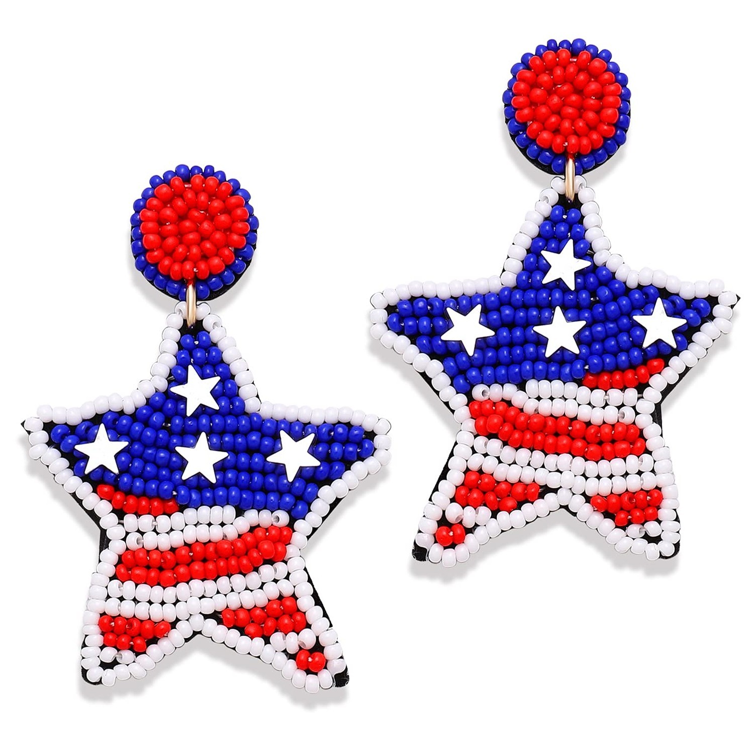 American Flag Beaded Star Drop Dangle Earrings – Patriotic Memorial Day & 4th…