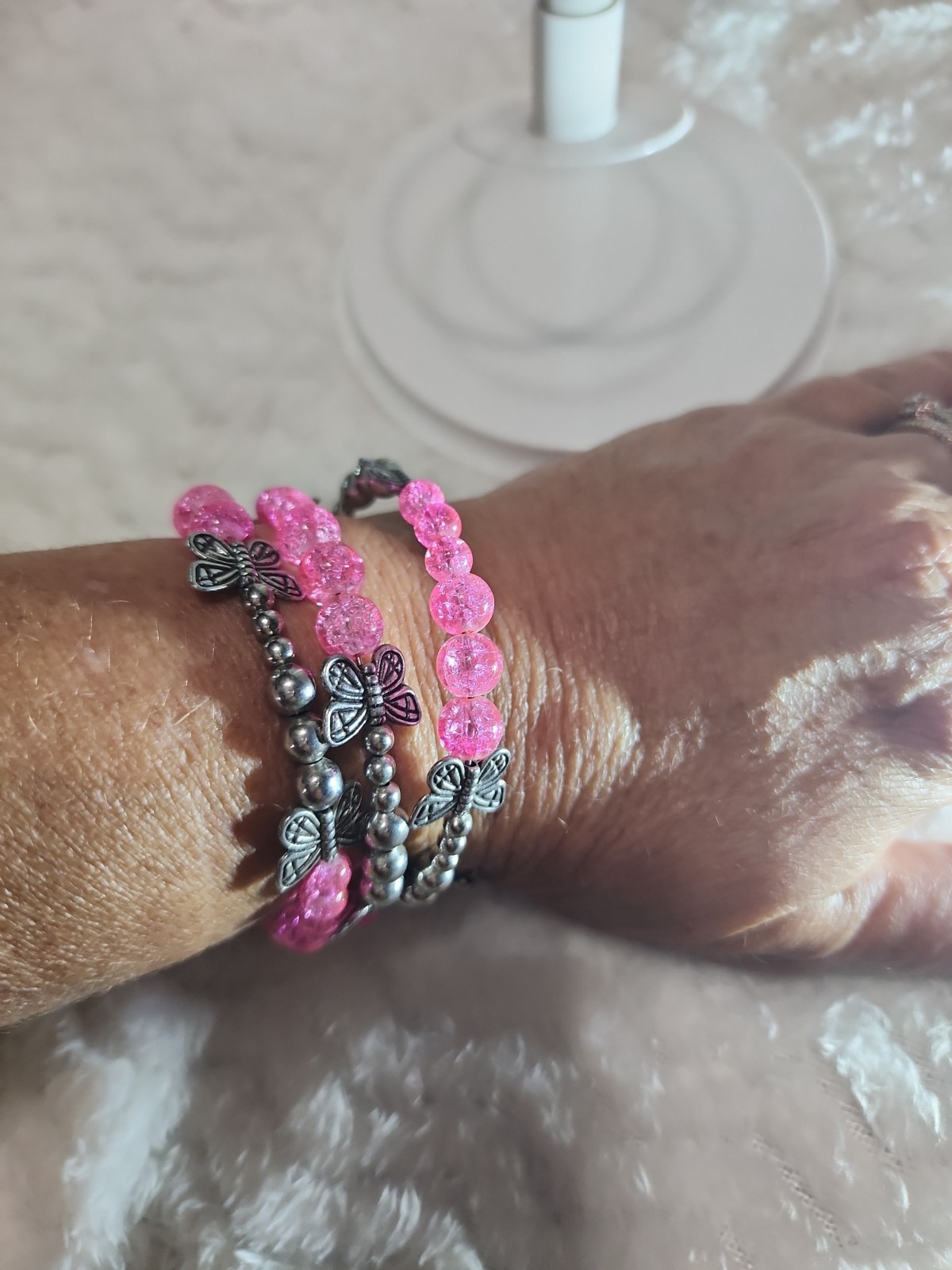 Hot Pink Crackle Glass Memory Wire Bracelet – Multi-Row Butterfly Stack