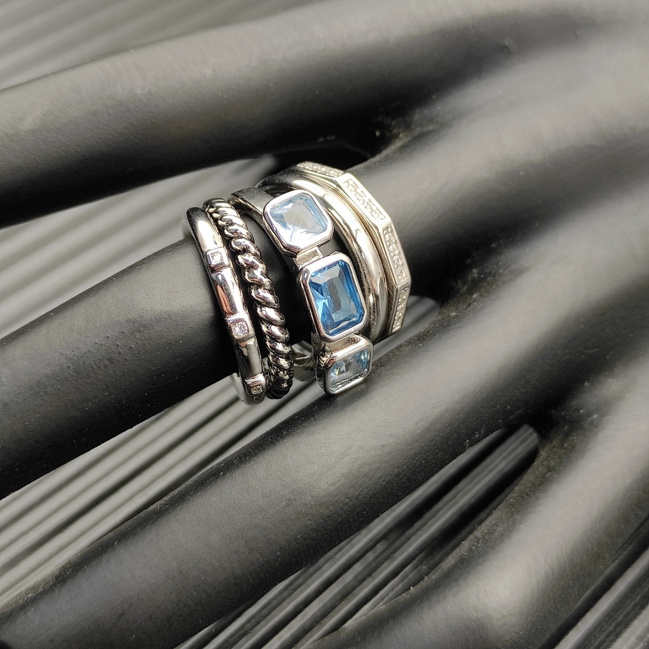 David Yurman 925 Silver Blue Topaz Diamond Multi Band Wrap Stack Ring sz 9