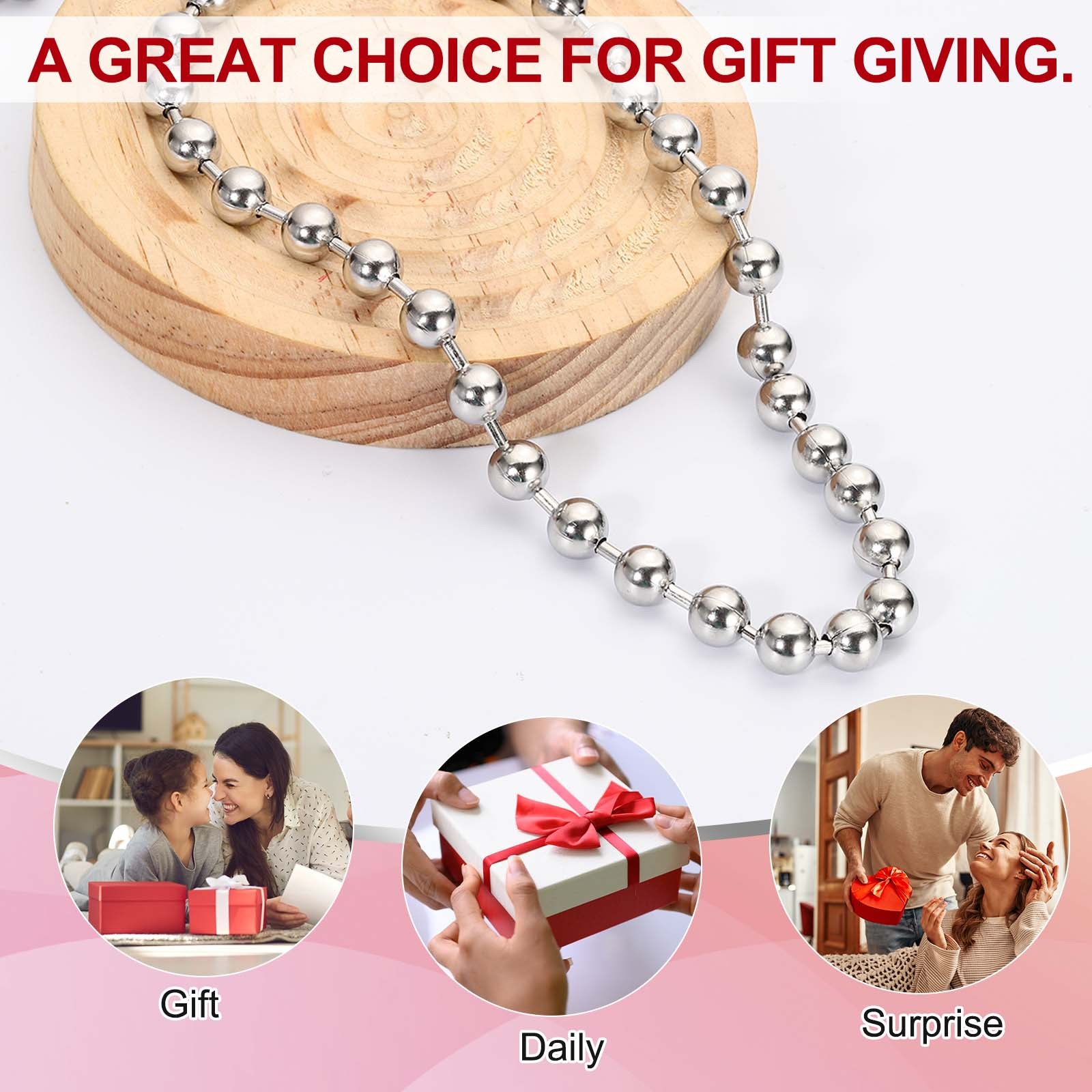 3Pack Beaded Necklace, 1.5/2.4/4.5 mm Bead Ball, 18/20/24 Inch , Steel Color