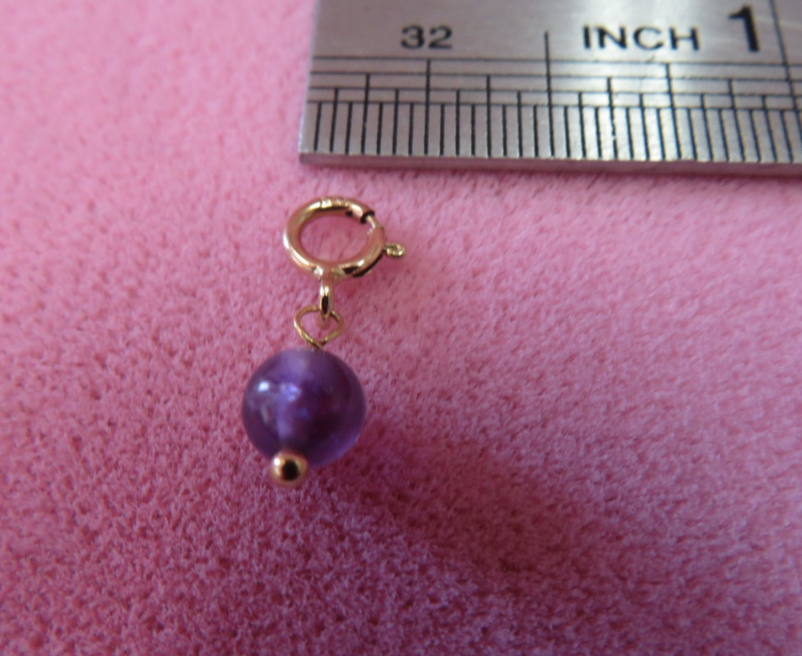 Vtg 14k Y. Gold 5mm Amethyst Beads Charm .3 Grams w/ 14k 5mm Spring Clasp