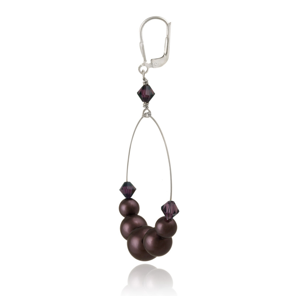 925 Silver Burgundy Crystal & Pearl Dangle Wire Earrings