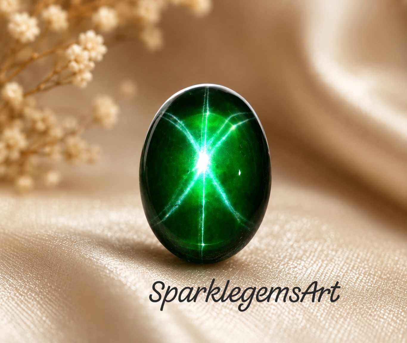 34Ct Natural 6 Rays Star Green Sapphire Gemstone Cabochon cut Sapphire