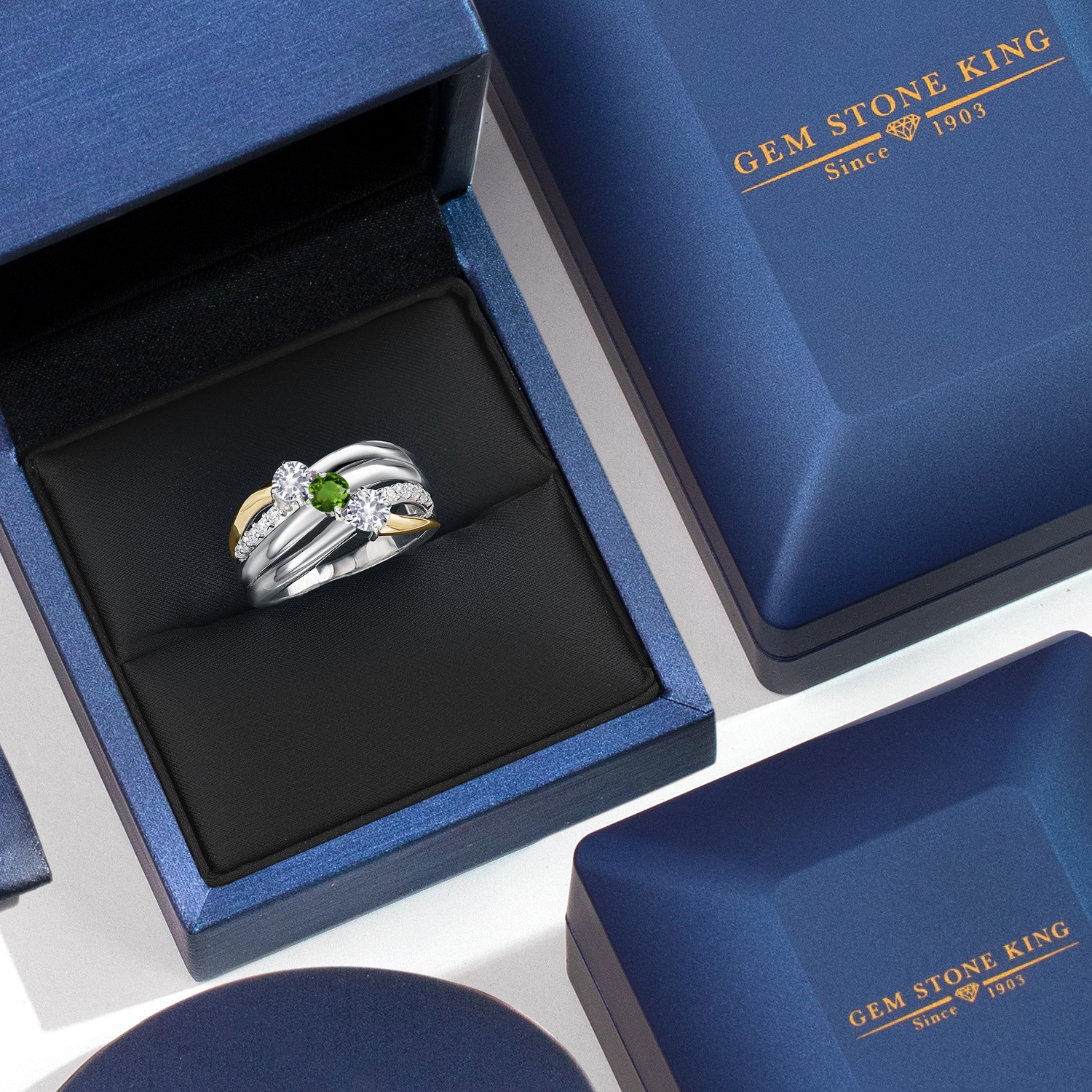 925 Silver and 10K Yellow Gold White Created Sapphire and Green Tourmaline and