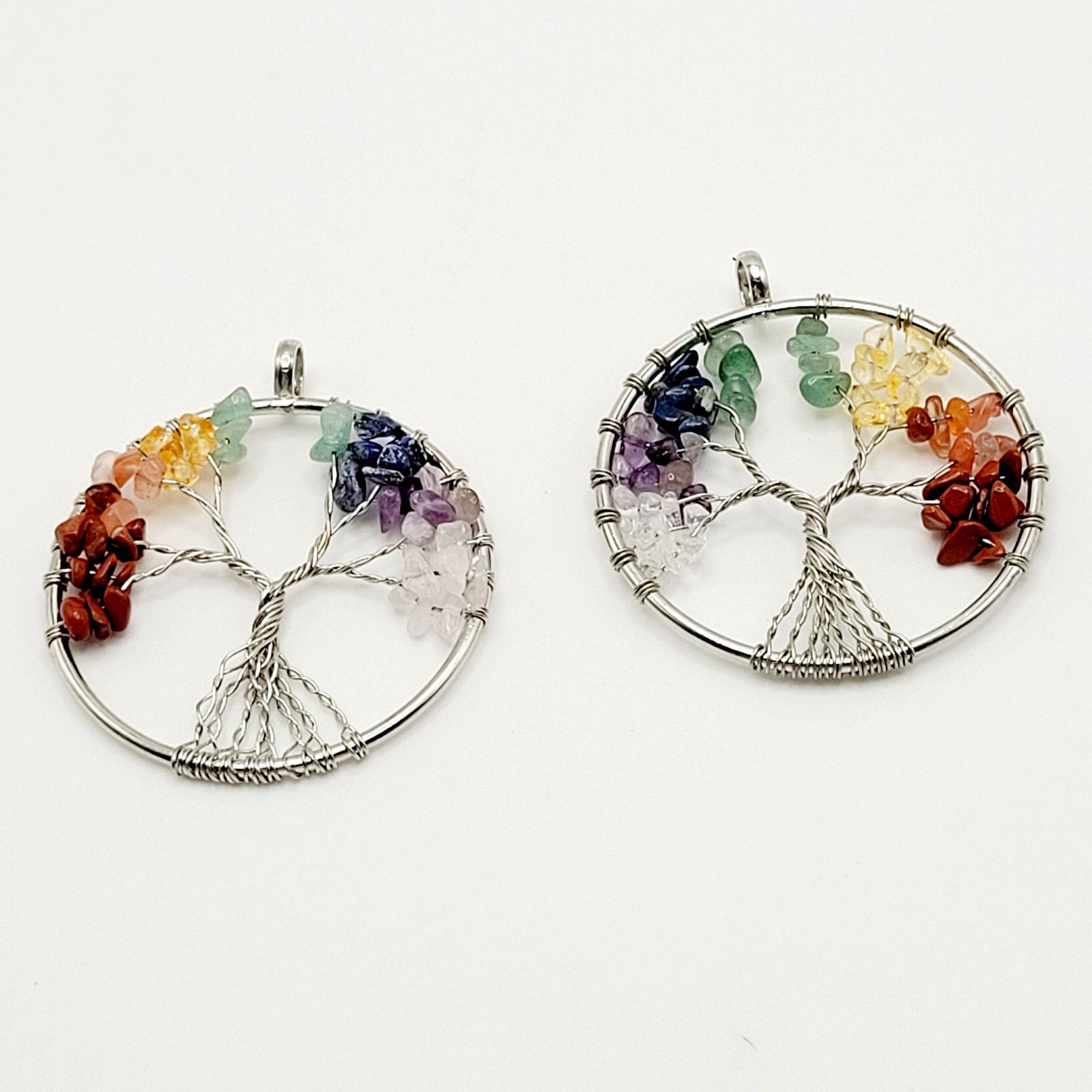 2 Tree of Life Silver Tone Twist Crystal Multi Stone Seven Chakras Round Pendant