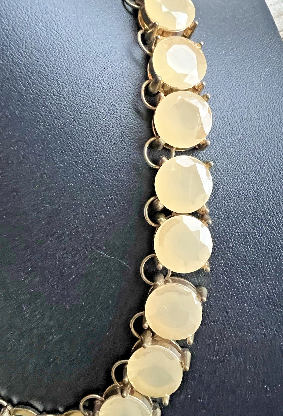 Vintage Statement Necklace Gold Tone Faceted Cream Champagne Glass Cabochon