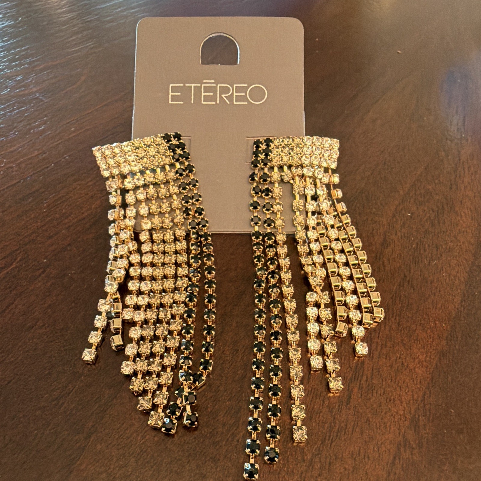 ETEREO Gold Tone Black & Clear Rhinestone Dangle Drop Earrings, Signed