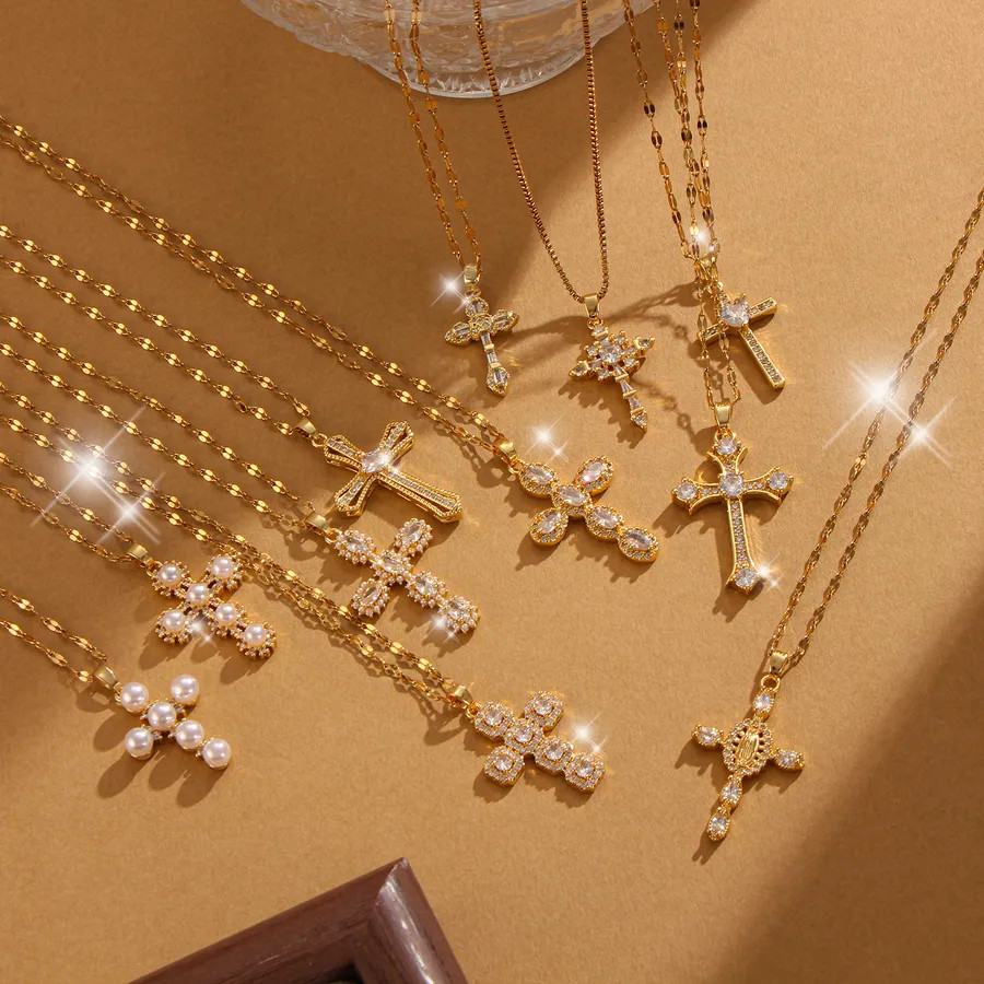 Stainless Steel 18K Gold Plated Vintage Style Plating Inlay Geometric Cross