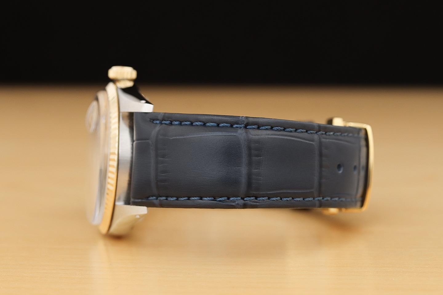 ROLEX DATEJUST 1601 14K YELLOW GOLD STEEL CHAMPAGNE DIAL BLUE LEATHER BAND WATCH