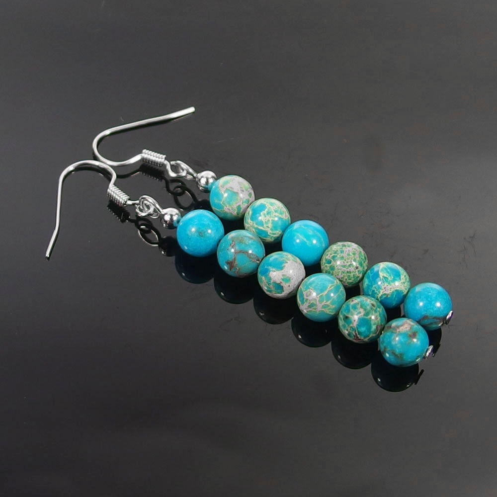 2Pairs 6/8mm Natural Gemstone Smooth Round Beads Silver Hook Dangle Earrings AAA